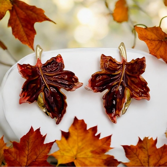 Coro Jewelry - Vintage Coro Enamel Maple Leaf Clip Earrings on Original Card